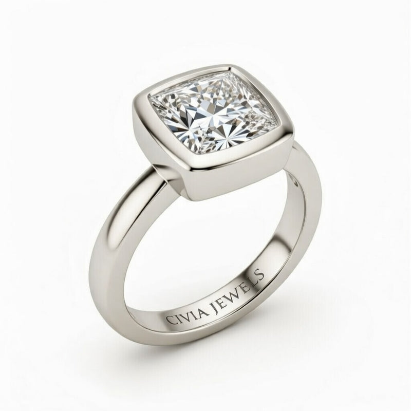 Silver Princess Cut Bezel Set Solitaire Engagement Ring