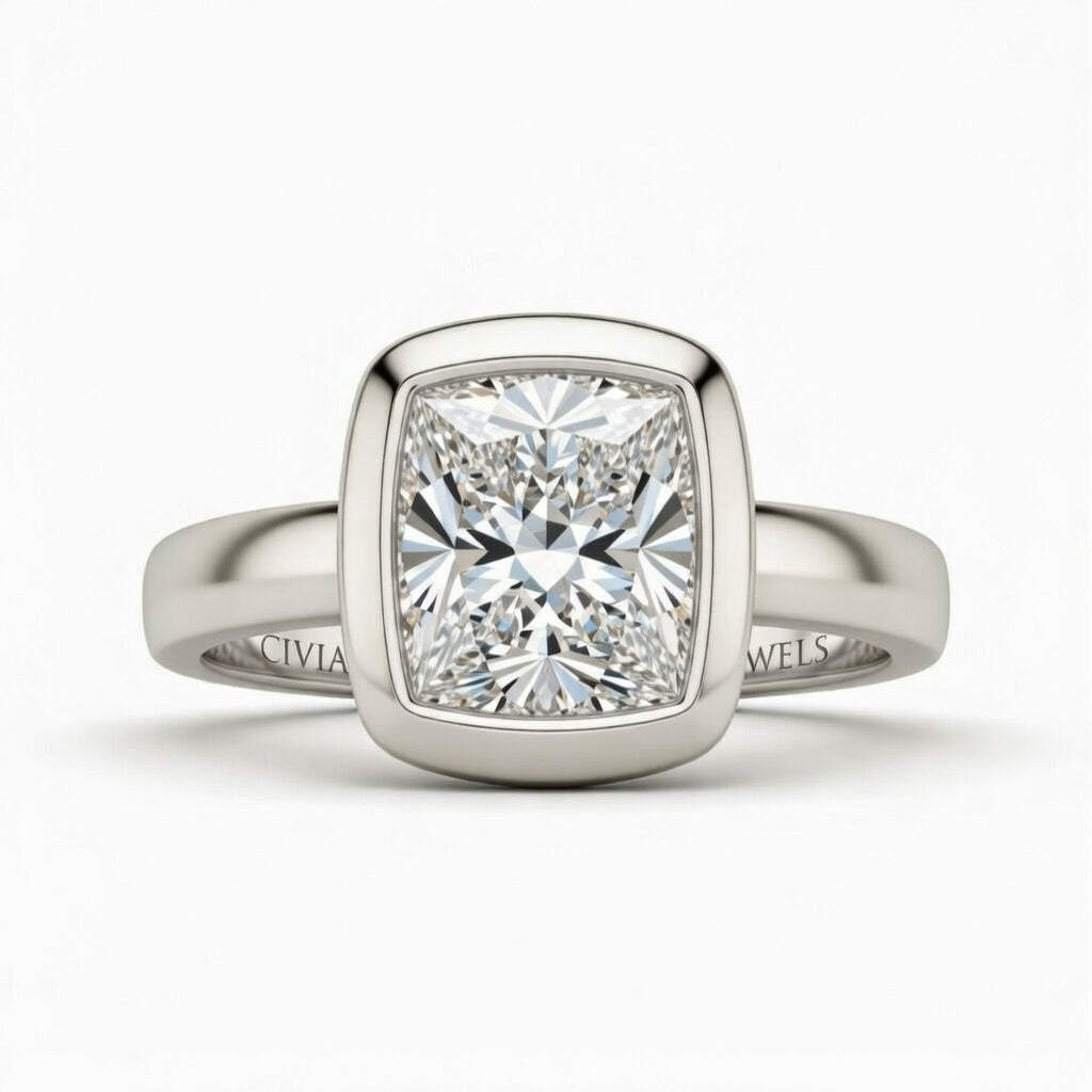 Silver Princess Cut Bezel Set Solitaire Engagement Ring
