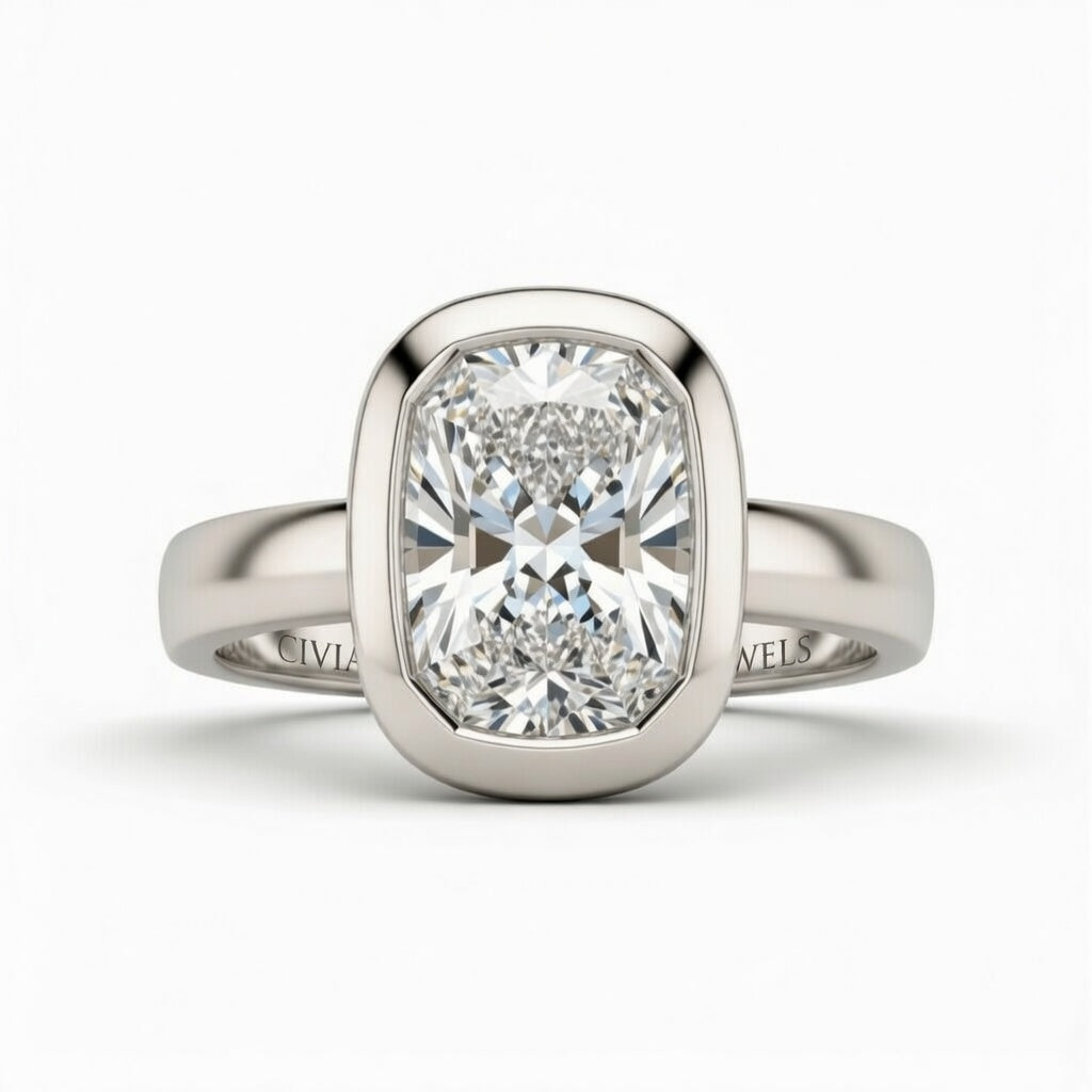 Silver Radiant Cut Bezel Set Solitaire Engagement Ring
