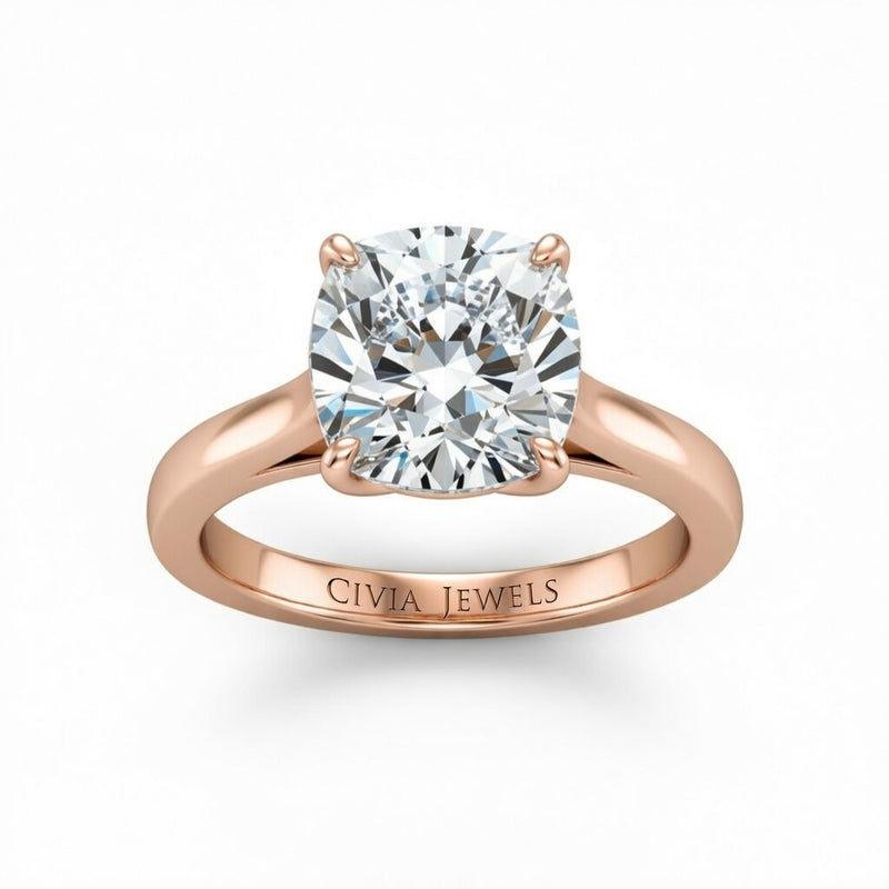 Rose Gold Cushion Cut Solitaire Engagement Ring with Sleek Tapered Shank