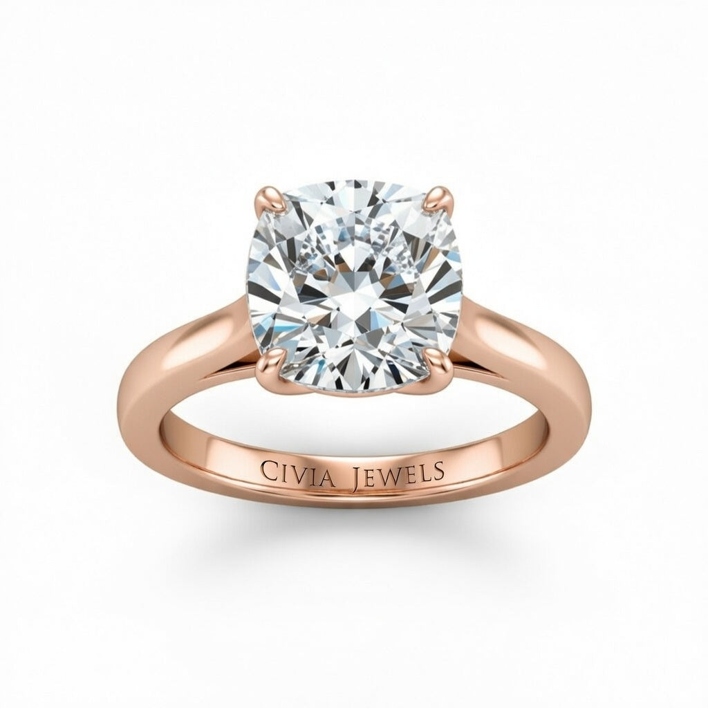 Rose Gold Cushion Cut Solitaire Engagement Ring with Sleek Tapered Shank
