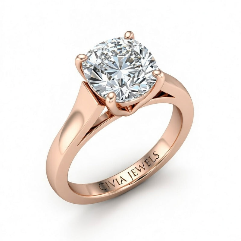 Rose Gold Cushion Cut Solitaire Engagement Ring with Sleek Tapered Shank