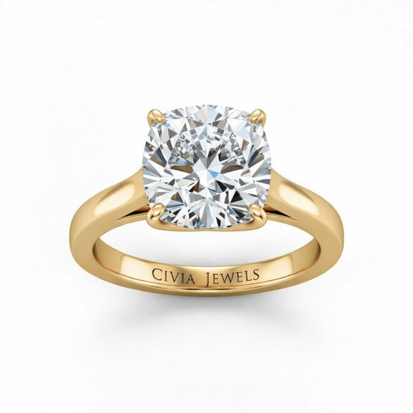 Yellow Gold Cushion Cut Solitaire Engagement Ring with Sleek Tapered Shank