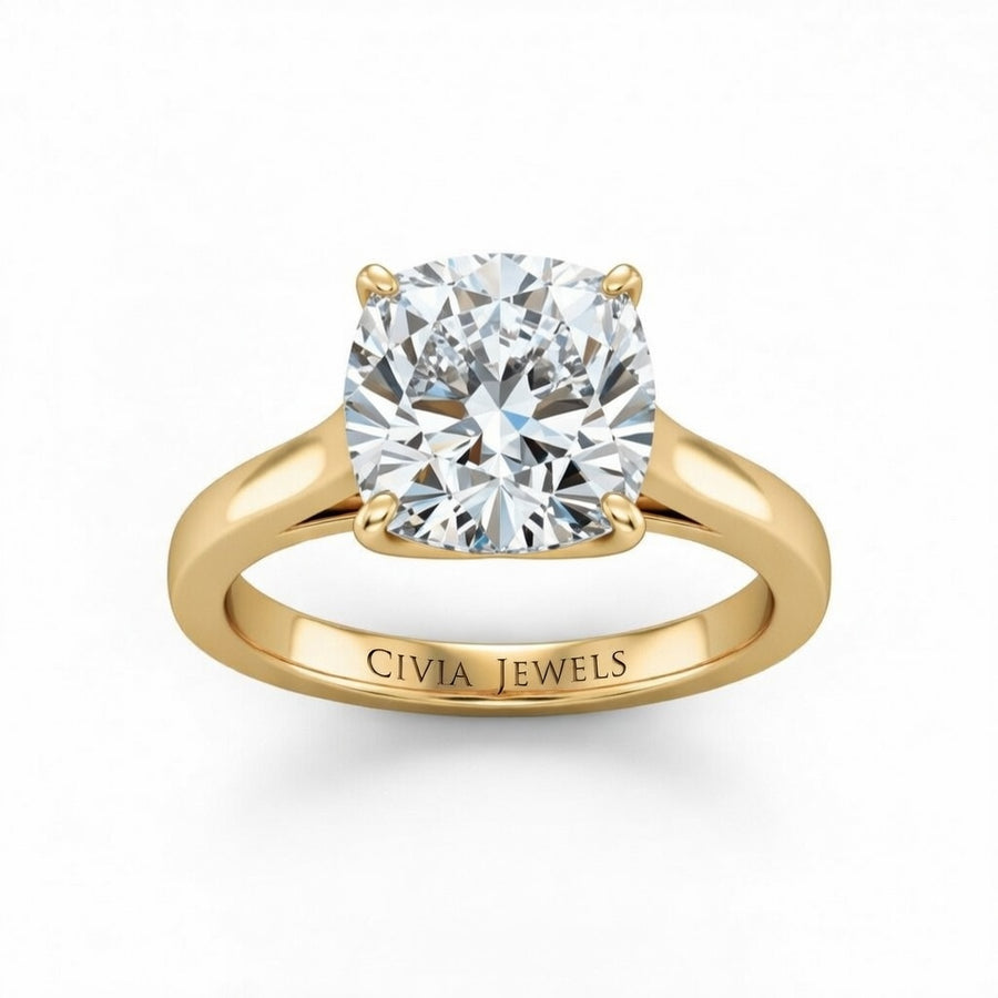 Yellow Gold Cushion Cut Solitaire Engagement Ring with Sleek Tapered Shank