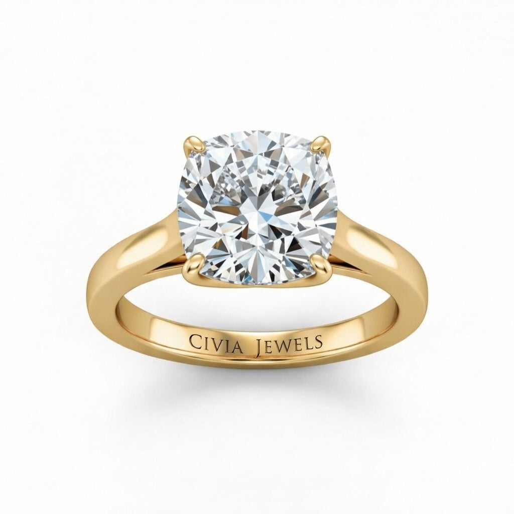 Yellow Gold Cushion Cut Solitaire Engagement Ring with Sleek Tapered Shank