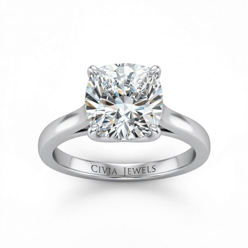 White Gold Cushion Cut Solitaire Engagement Ring with Sleek Tapered Shank