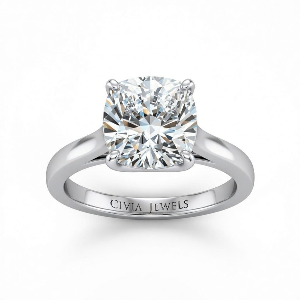 White Gold Cushion Cut Solitaire Engagement Ring with Sleek Tapered Shank