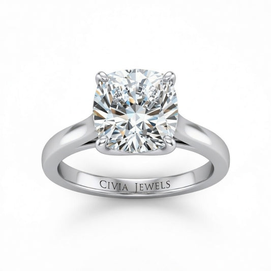 Silver Cushion Cut Solitaire Engagement Ring with Sleek Tapered Shank
