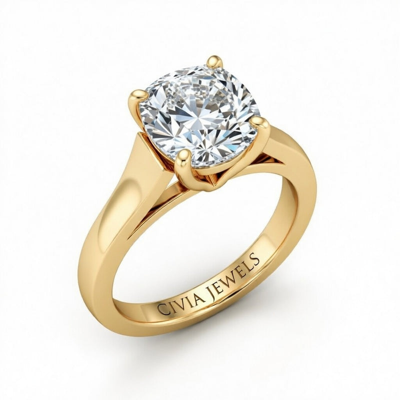 Yellow Gold Cushion Cut Solitaire Engagement Ring with Sleek Tapered Shank