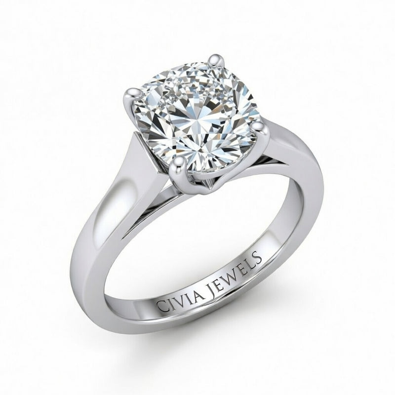 Silver Cushion Cut Solitaire Engagement Ring with Sleek Tapered Shank