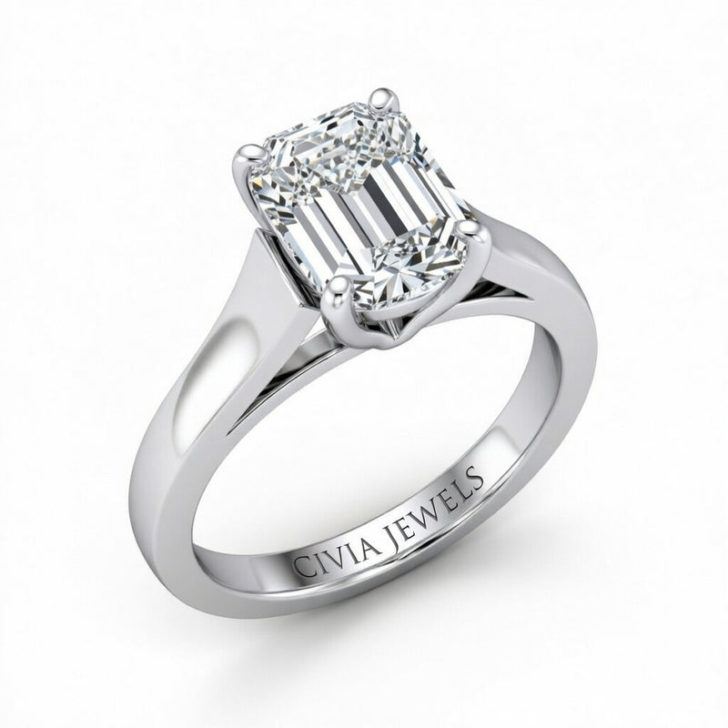 White Gold Emerald Cut Solitaire Engagement Ring with Sleek Tapered Shank