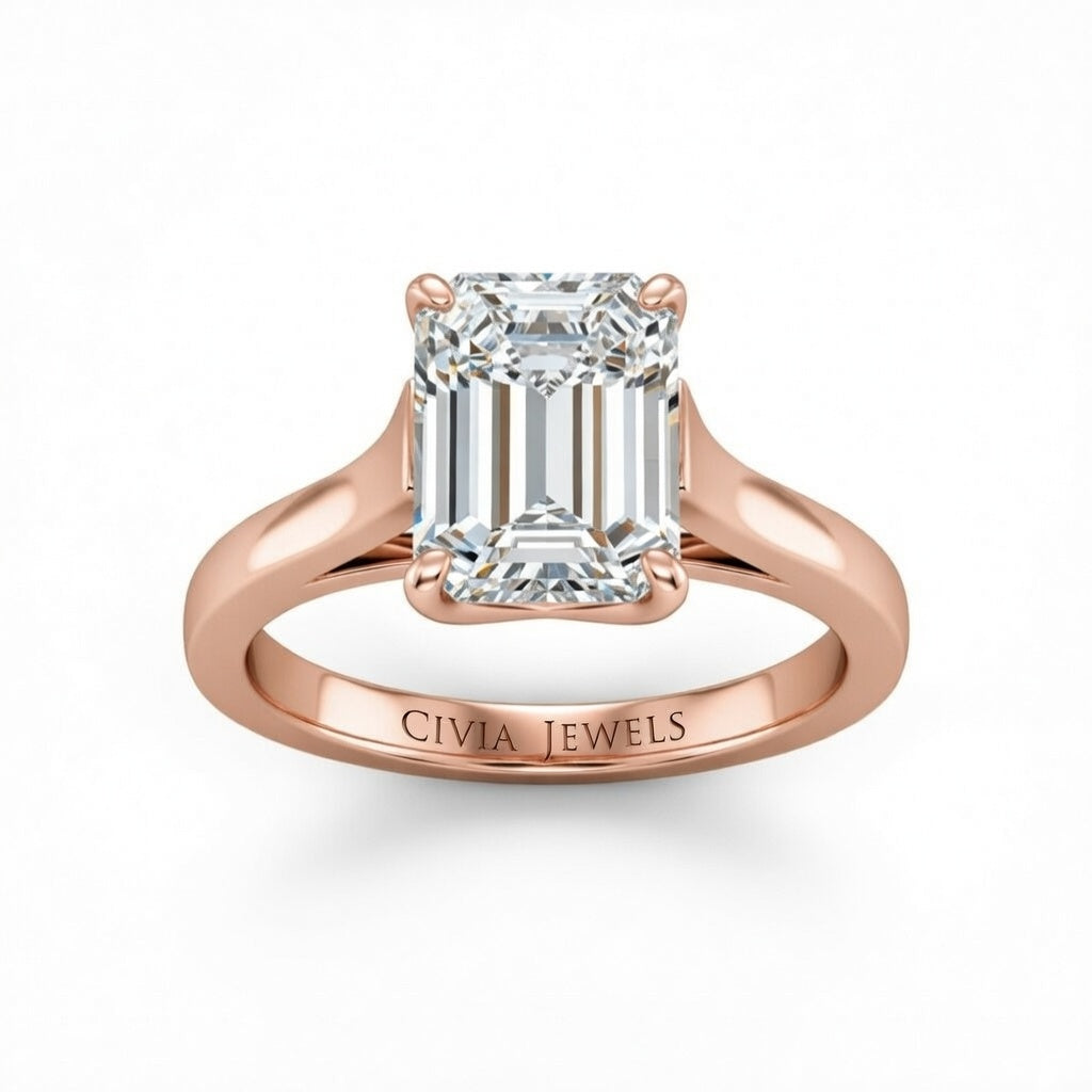 Rose Gold Emerald Cut Solitaire Engagement Ring with Sleek Tapered Shank