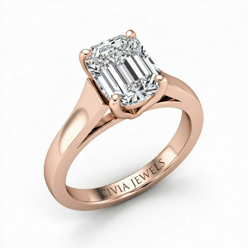 Rose Gold Emerald Cut Solitaire Engagement Ring with Sleek Tapered Shank