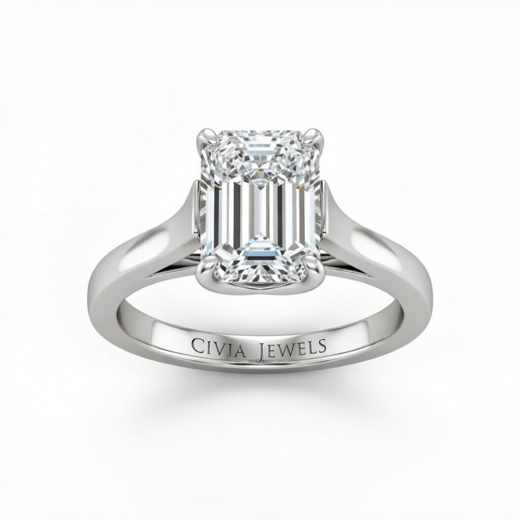 White Gold Emerald Cut Solitaire Engagement Ring with Sleek Tapered Shank
