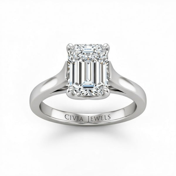 Silver Emerald Cut Solitaire Engagement Ring with Sleek Tapered Shank