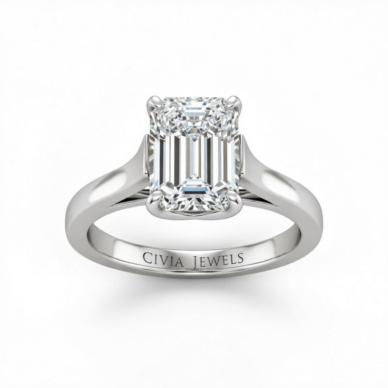 Silver Emerald Cut Solitaire Engagement Ring with Sleek Tapered Shank