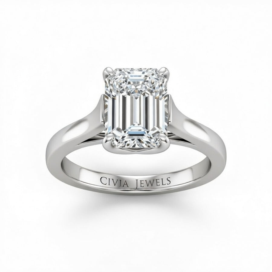 Silver Emerald Cut Solitaire Engagement Ring with Sleek Tapered Shank
