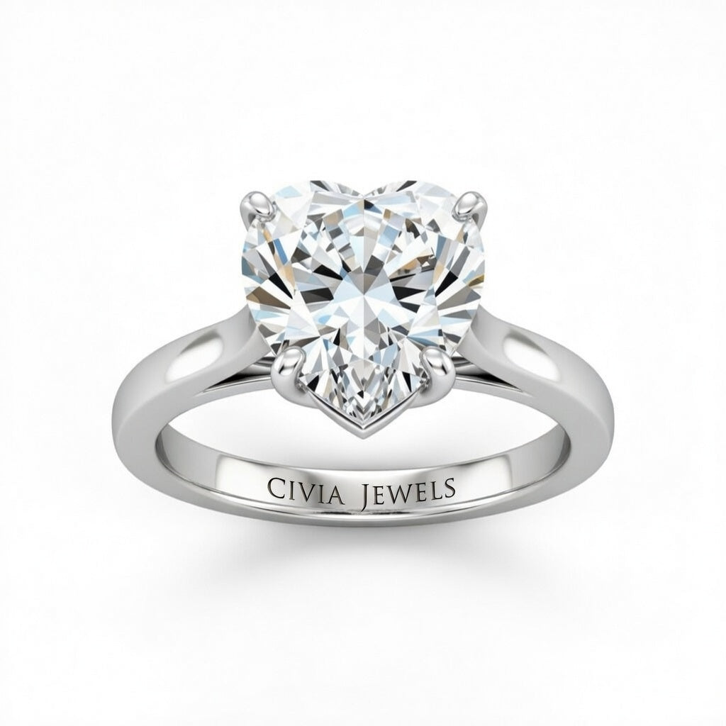 White Gold Heart Cut Solitaire Engagement Ring with Sleek Tapered Shank