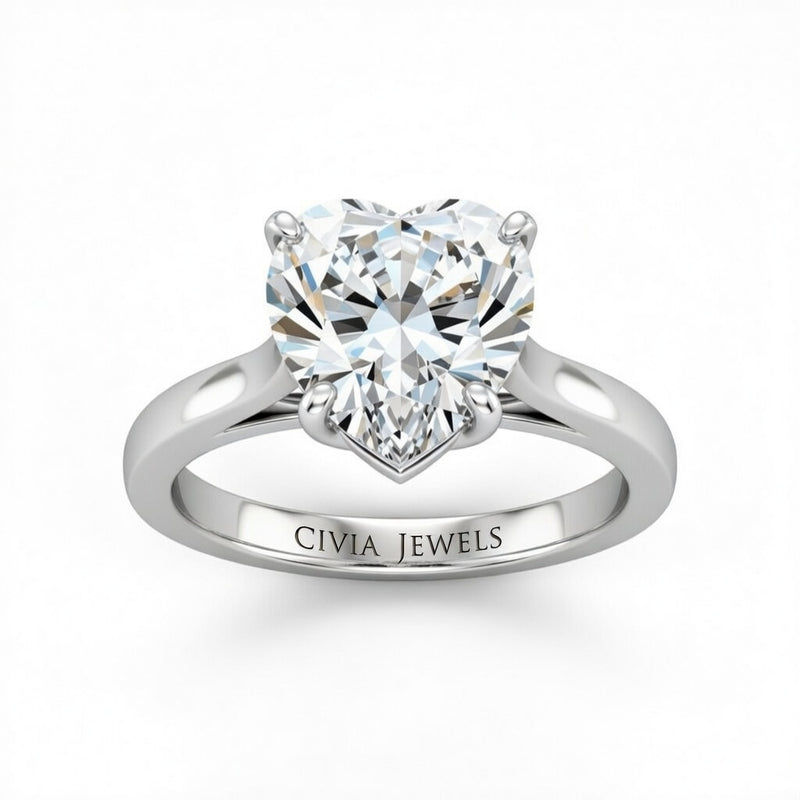 Silver Heart Cut Solitaire Engagement Ring with Sleek Tapered Shank