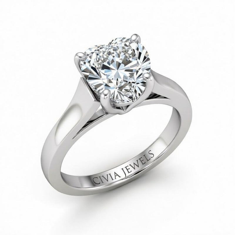Silver Heart Cut Solitaire Engagement Ring with Sleek Tapered Shank