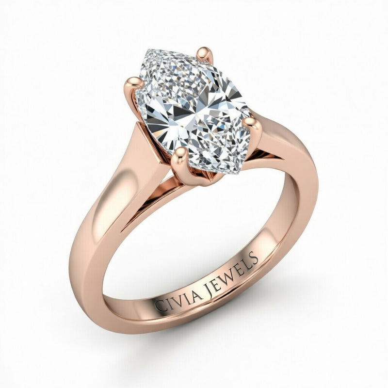 Rose Gold Marquise Cut Solitaire Engagement Ring with Sleek Tapered Shank