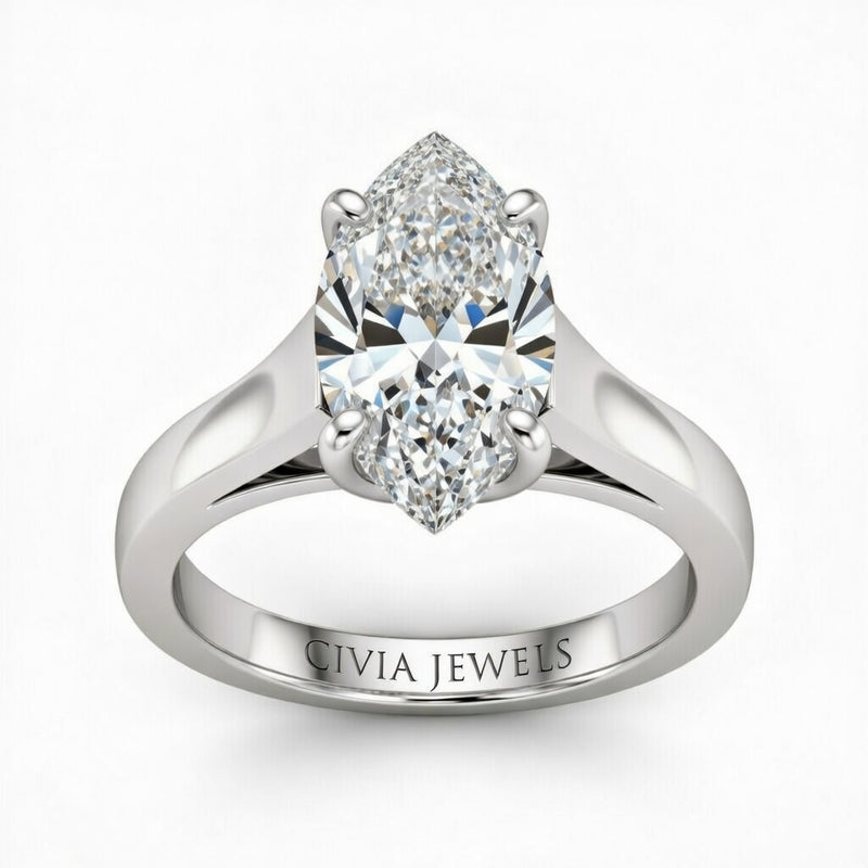 White Gold Marquise Cut Solitaire Engagement Ring with Sleek Tapered Shank