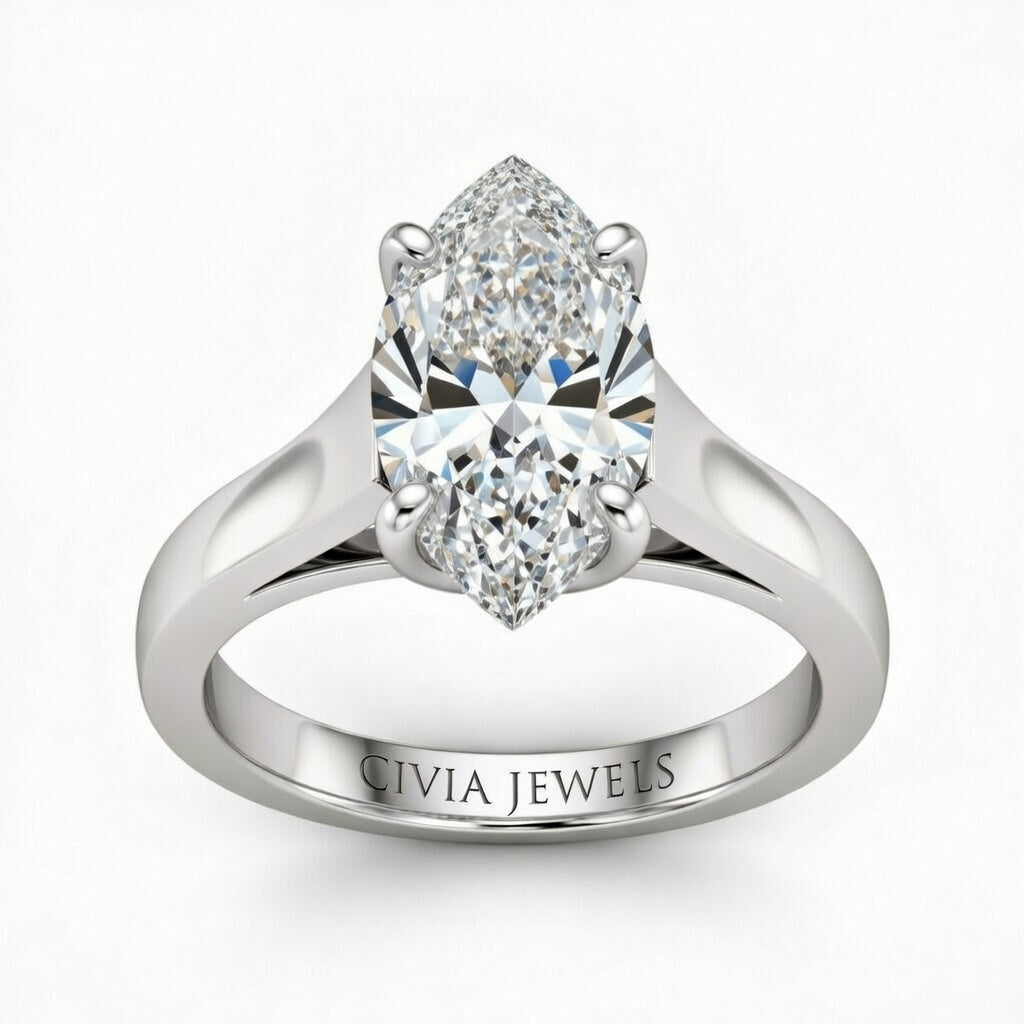 White Gold Marquise Cut Solitaire Engagement Ring with Sleek Tapered Shank