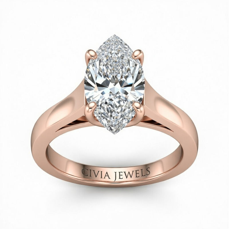 Rose Gold Marquise Cut Solitaire Engagement Ring with Sleek Tapered Shank