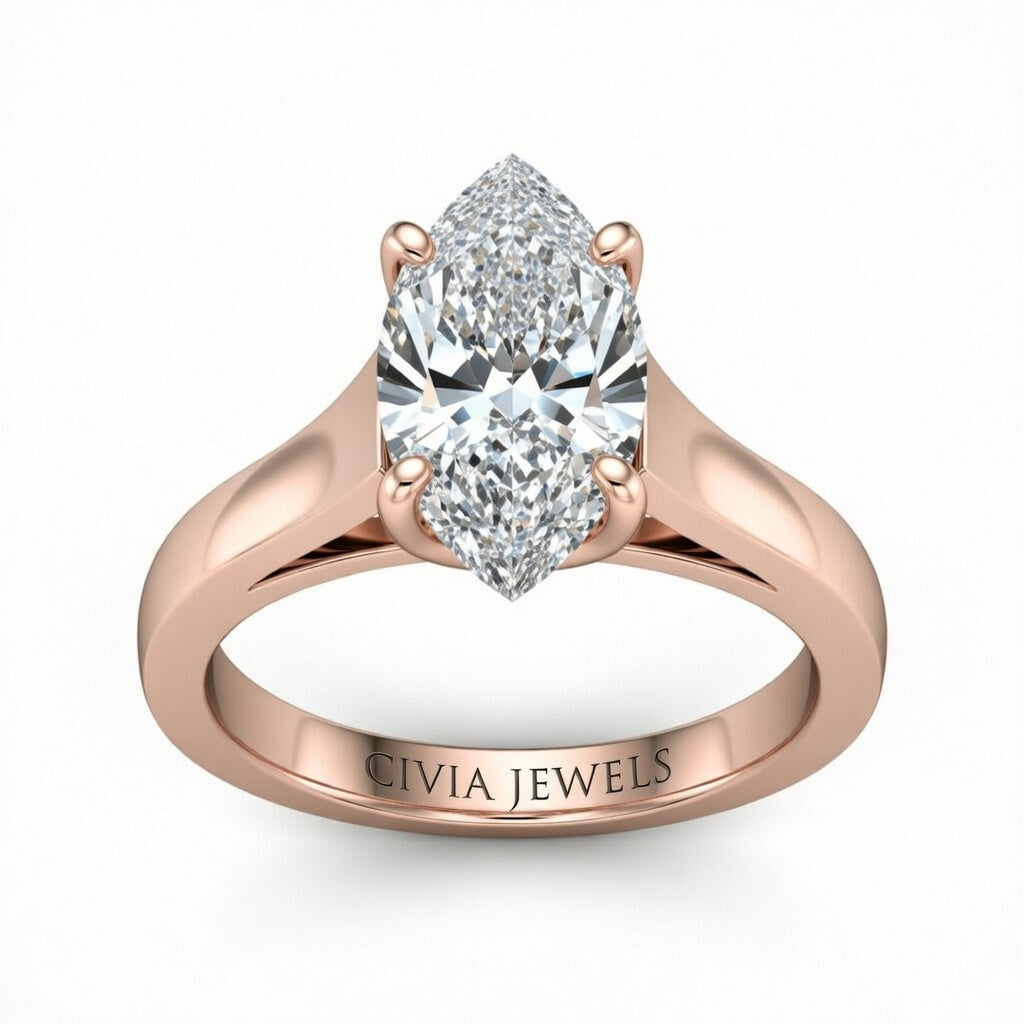 Rose Gold Marquise Cut Solitaire Engagement Ring with Sleek Tapered Shank