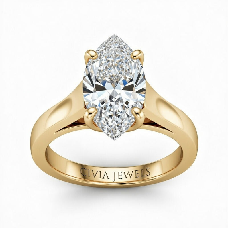 Yellow Gold Marquise Cut Solitaire Engagement Ring with Sleek Tapered Shank