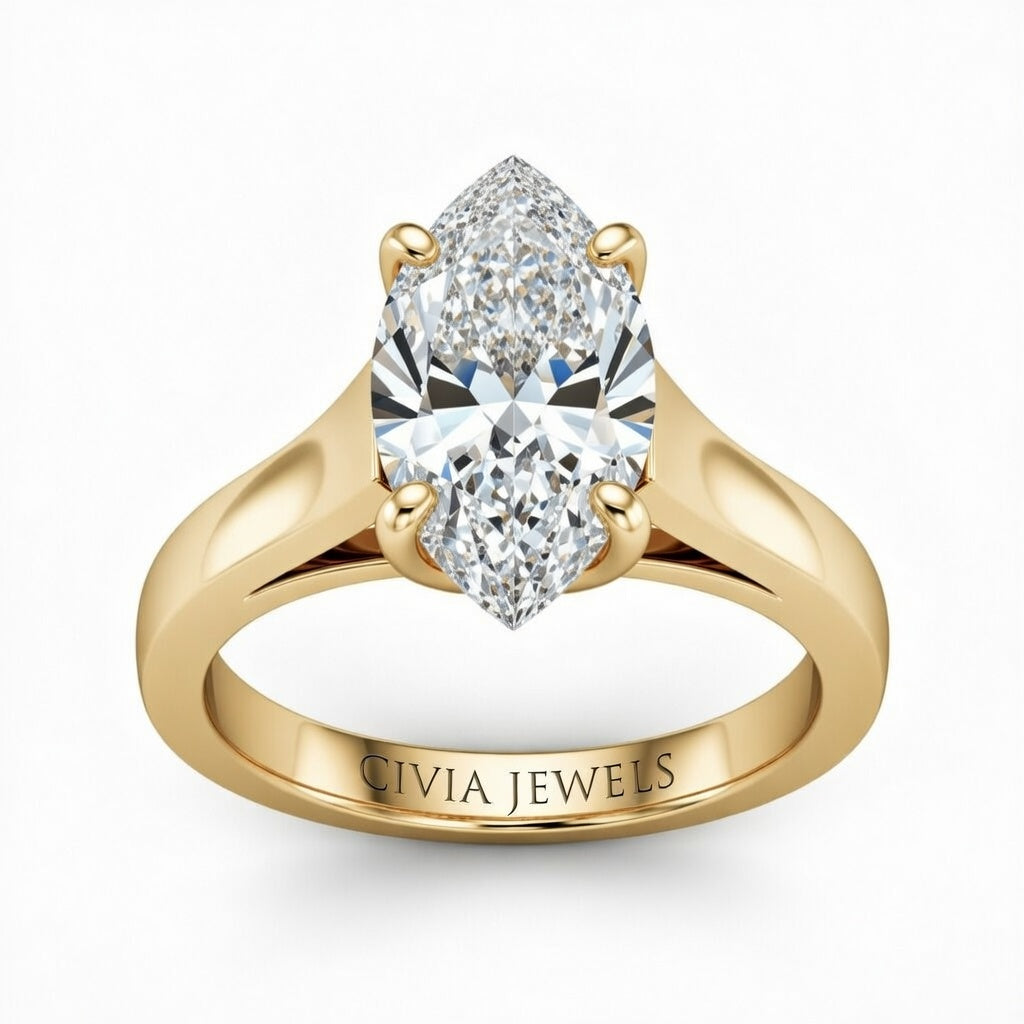 Yellow Gold Marquise Cut Solitaire Engagement Ring with Sleek Tapered Shank
