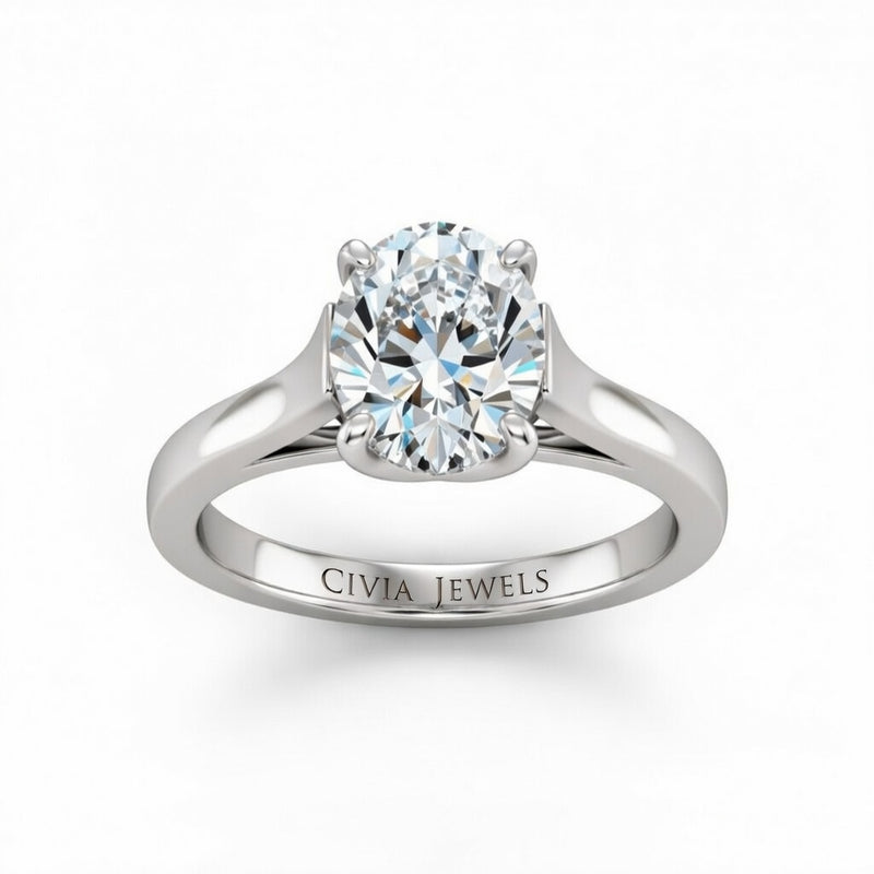 White Gold Oval Cut Solitaire Engagement Ring with Sleek Tapered Shank
