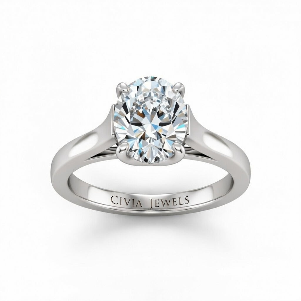 White Gold Oval Cut Solitaire Engagement Ring with Sleek Tapered Shank