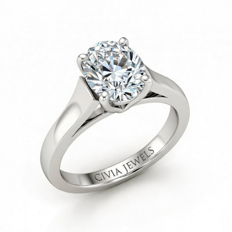 White Gold Oval Cut Solitaire Engagement Ring with Sleek Tapered Shank