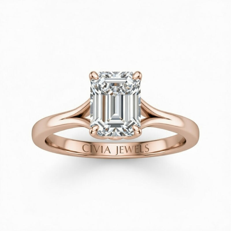 Rose Gold Emerald Cut Solitaire Engagement Ring with Sculpted Tapered Shank