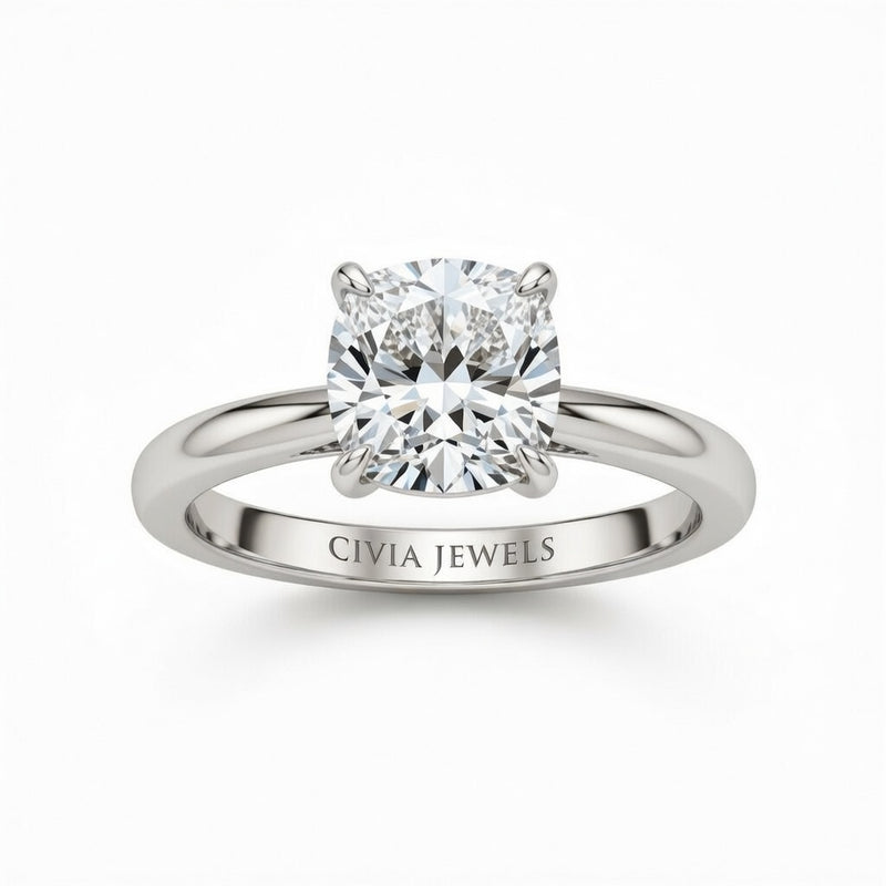 Silver Cushion Cut Solitaire Engagement Ring with Sculpted Tapered Shank