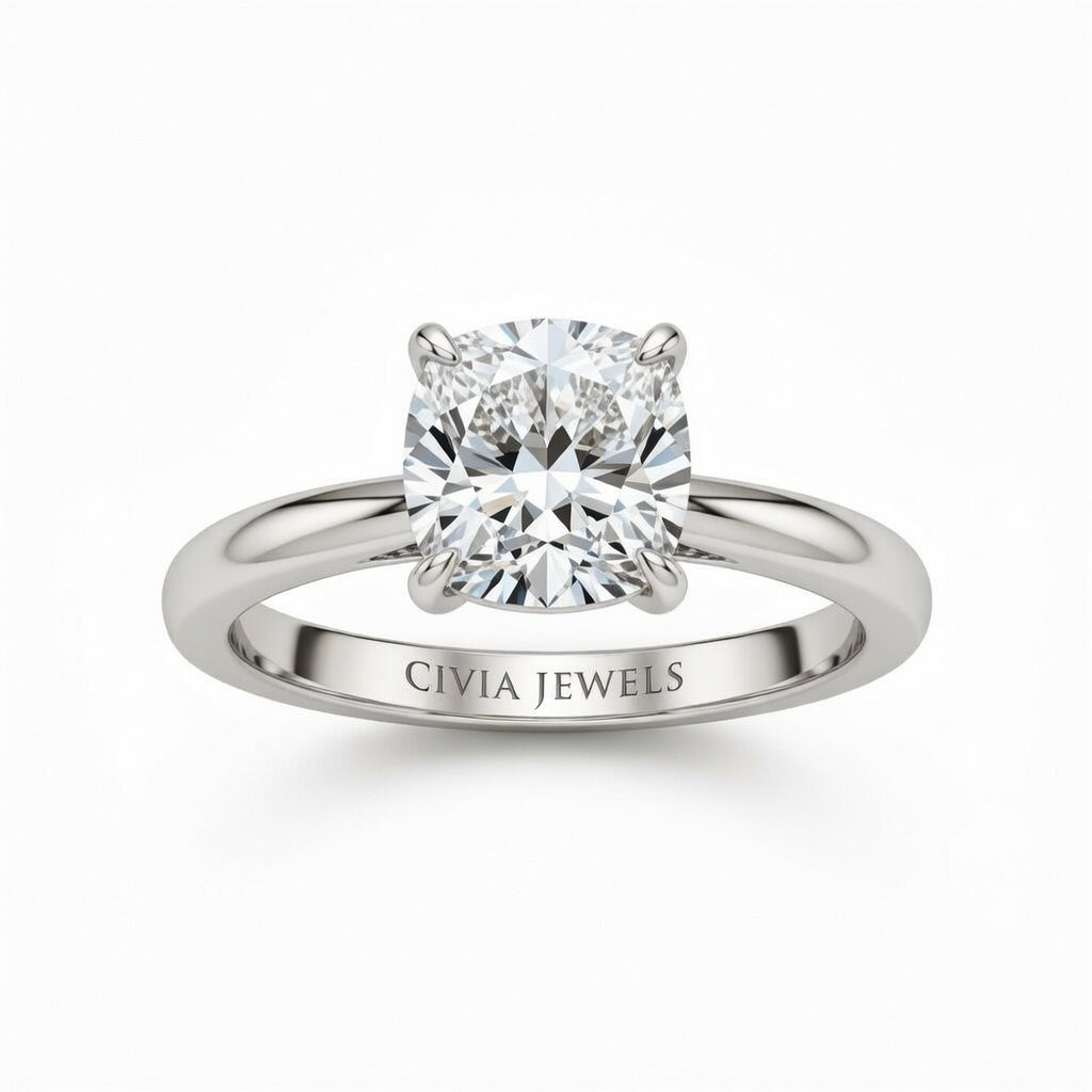 Silver Cushion Cut Solitaire Engagement Ring with Sculpted Tapered Shank