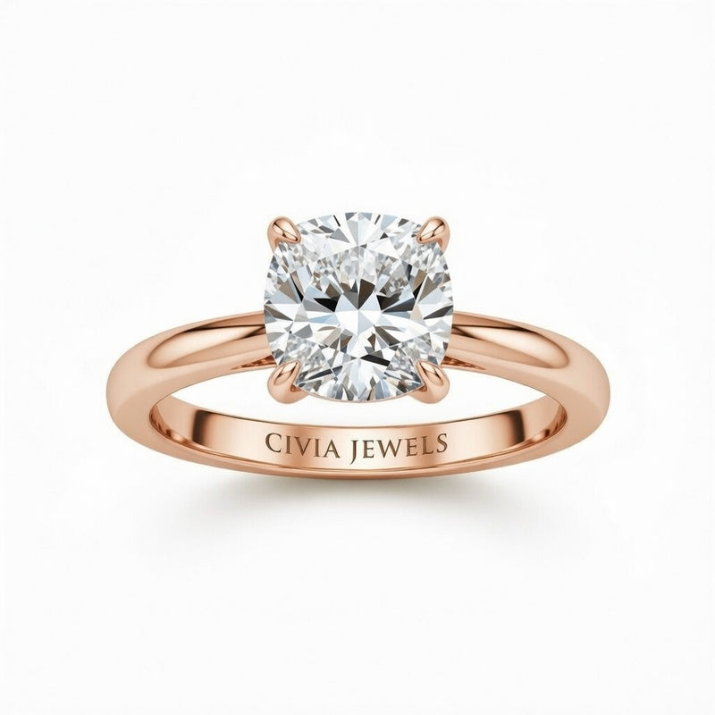 Rose Gold Cushion Cut Solitaire Engagement Ring with Sculpted Tapered Shank