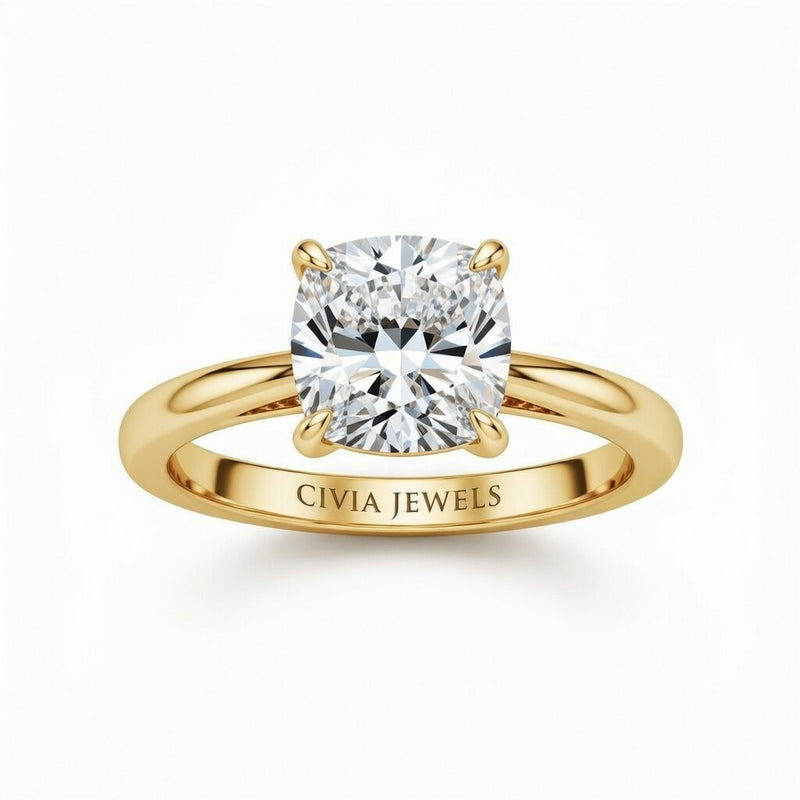 Yellow Gold Cushion Cut Solitaire Engagement Ring with Sculpted Tapered Shank