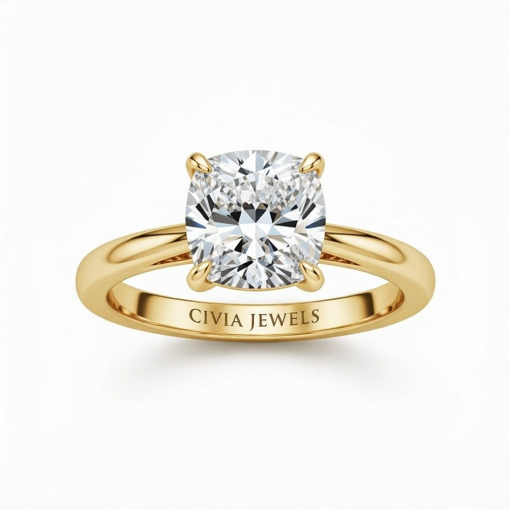 Yellow Gold Cushion Cut Solitaire Engagement Ring with Sculpted Tapered Shank