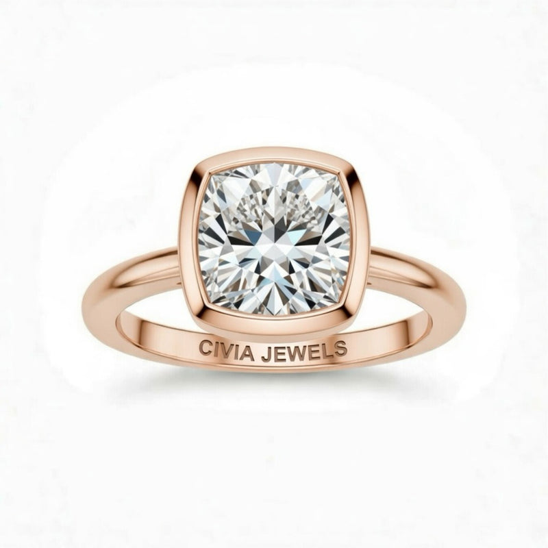 Rose Gold Cushion Cut Bezel Set Solitaire Engagement Ring with Polished Comfort Fit Band