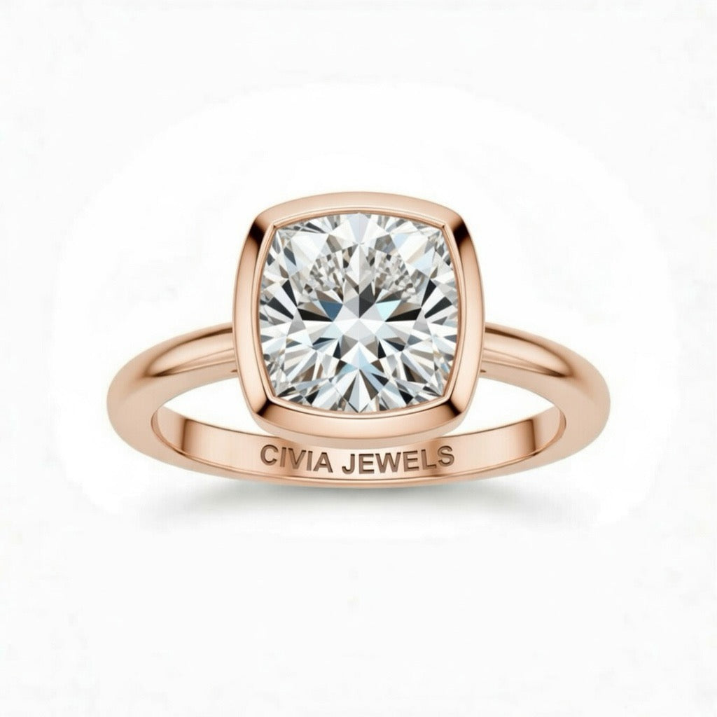 Rose Gold Cushion Cut Bezel Set Solitaire Engagement Ring with Polished Comfort Fit Band