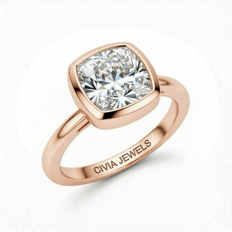 Rose Gold Cushion Cut Bezel Set Solitaire Engagement Ring with Polished Comfort Fit Band