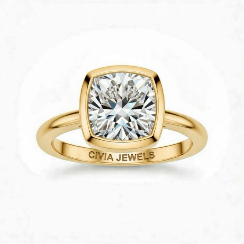 Yellow Gold Cushion Cut Bezel Set Solitaire Engagement Ring with Polished Comfort Fit Band