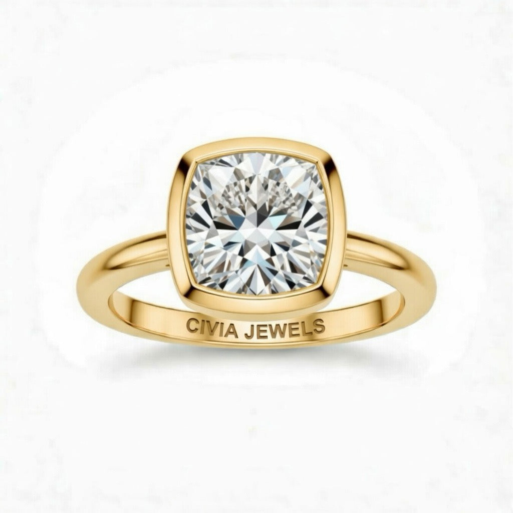 Yellow Gold Cushion Cut Bezel Set Solitaire Engagement Ring with Polished Comfort Fit Band