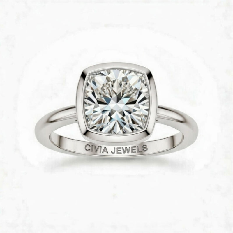 Silver Cushion Cut Bezel Set Solitaire Engagement Ring with Polished Comfort Fit Band