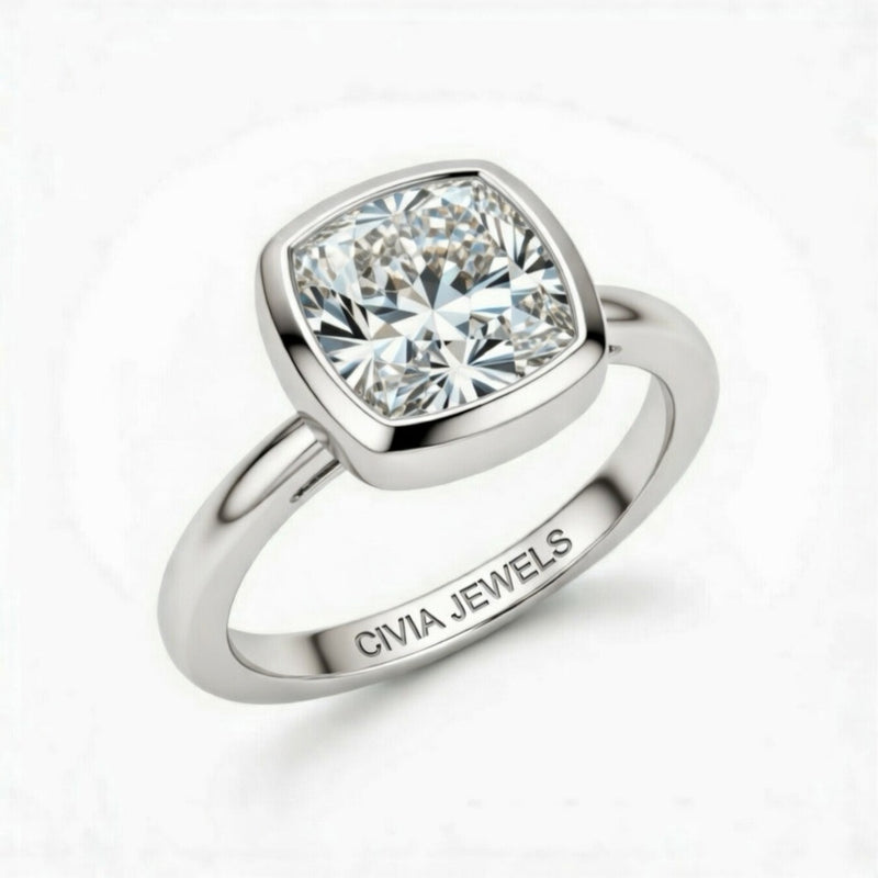White Gold Cushion Cut Bezel Set Solitaire Engagement Ring with Polished Comfort Fit Band