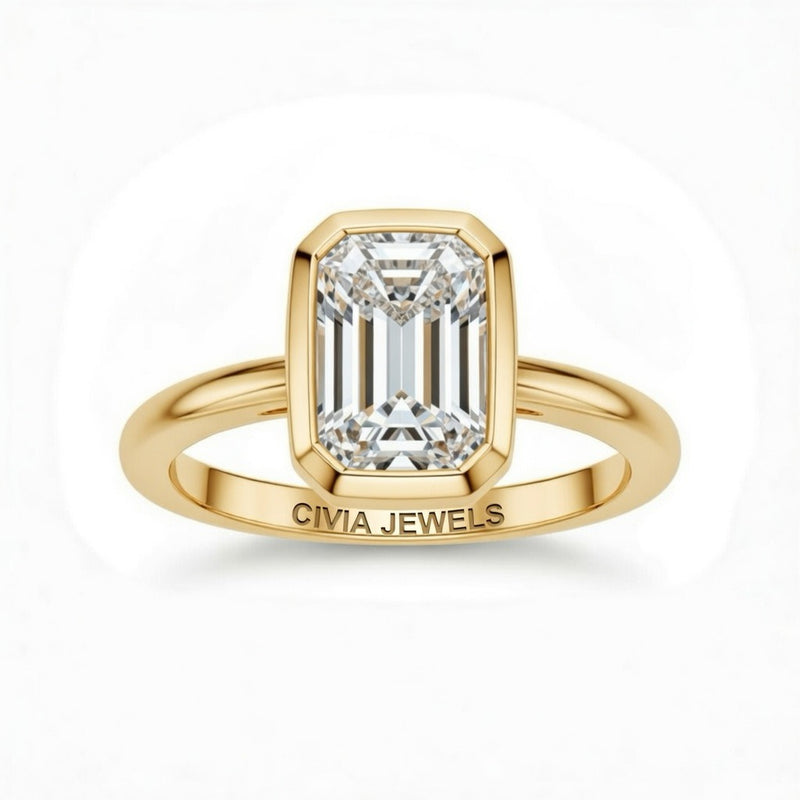 Yellow Gold Emerald Cut Bezel Set Solitaire Engagement Ring with Polished Comfort Fit Band