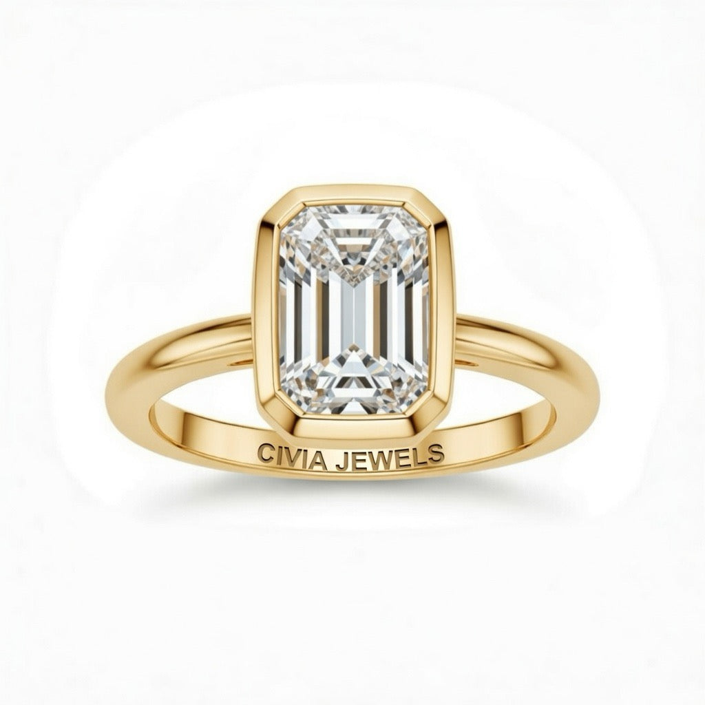 Yellow Gold Emerald Cut Bezel Set Solitaire Engagement Ring with Polished Comfort Fit Band