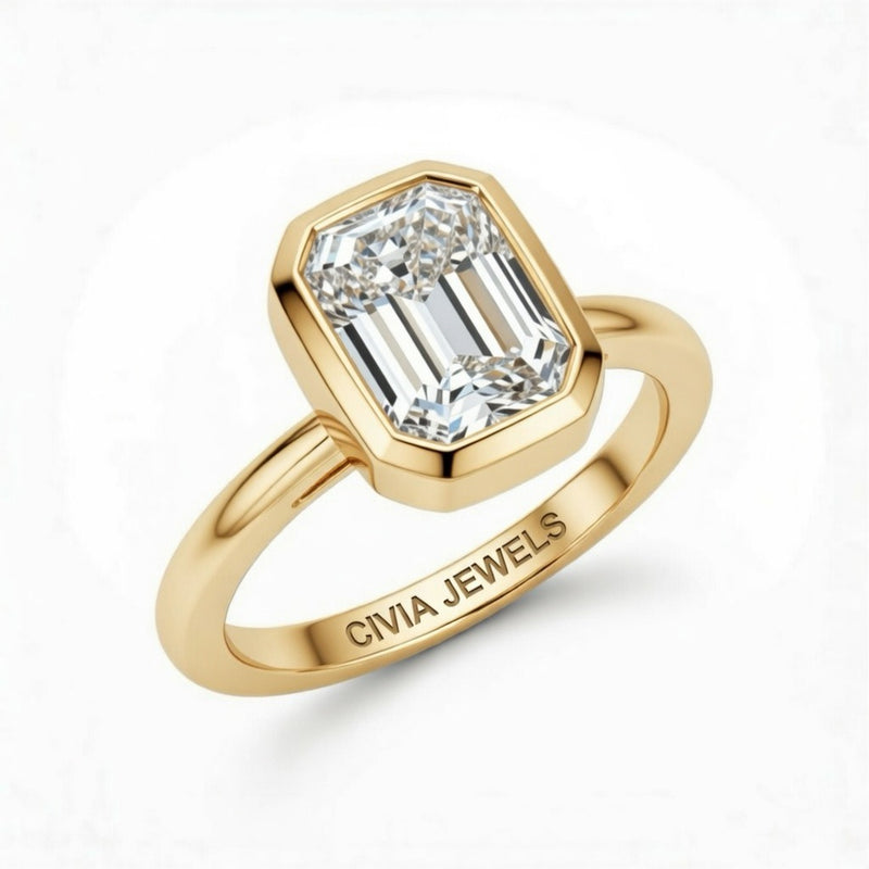 Yellow Gold Emerald Cut Bezel Set Solitaire Engagement Ring with Polished Comfort Fit Band